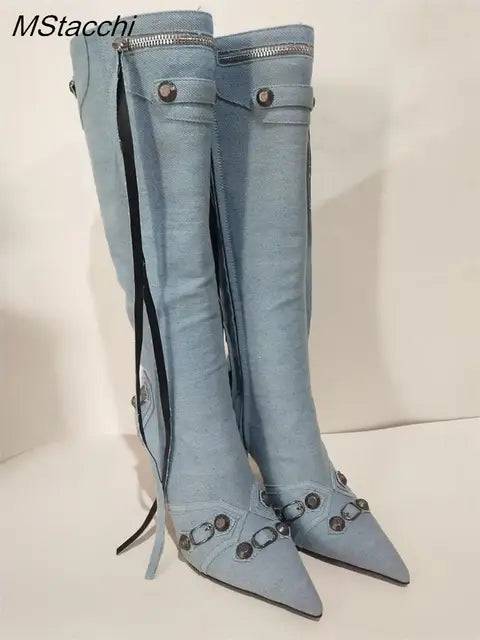 Metal Rivet High Knee Boots Pointed Toe Thin Heels - Hot fashionista