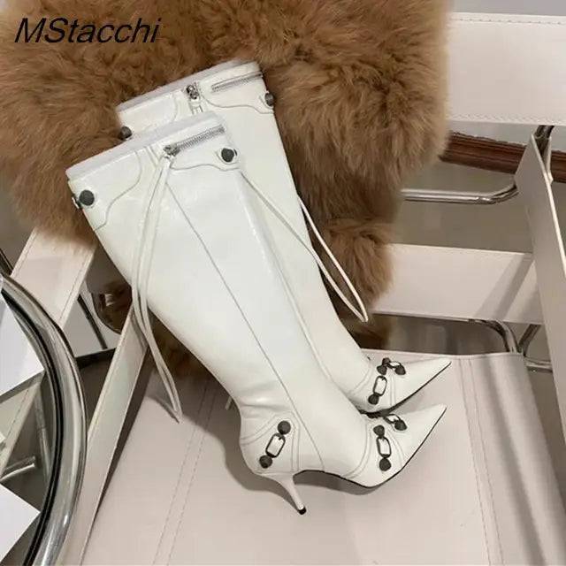 Metal Rivet High Knee Boots Pointed Toe Thin Heels - Hot fashionista