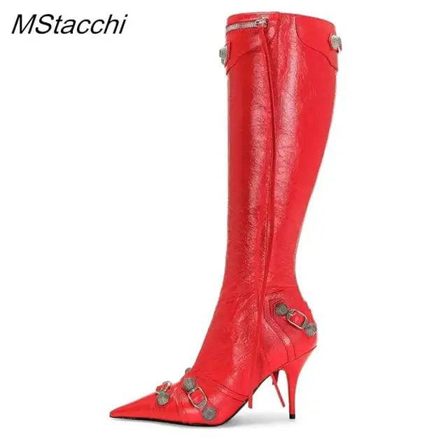 Metal Rivet High Knee Boots Pointed Toe Thin Heels - Hot fashionista