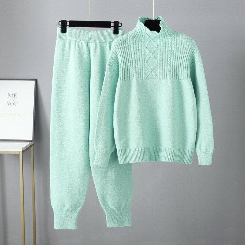 Two Piece Autumn Winter Women Knit Sweater Tracksuit Fashion Loose Pant Set Thick Warm Lady Casual Suit - Hot fashionista