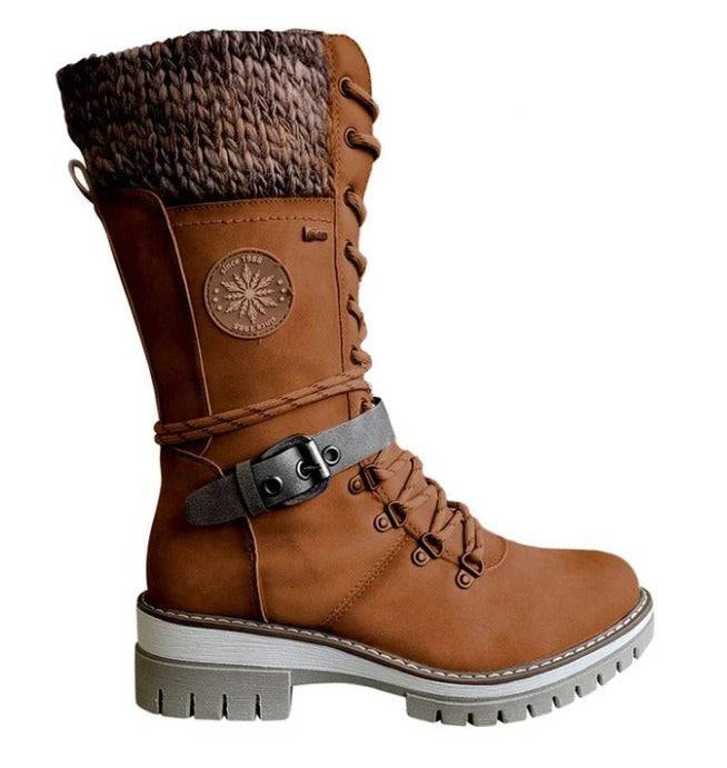 Large-size mid-leg women's boots new winter round head square heel leather buckle wool splicing Martens boots - Hot fashionista