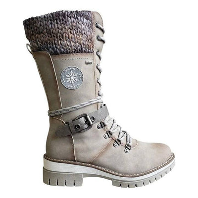 Large-size mid-leg women's boots new winter round head square heel leather buckle wool splicing Martens boots