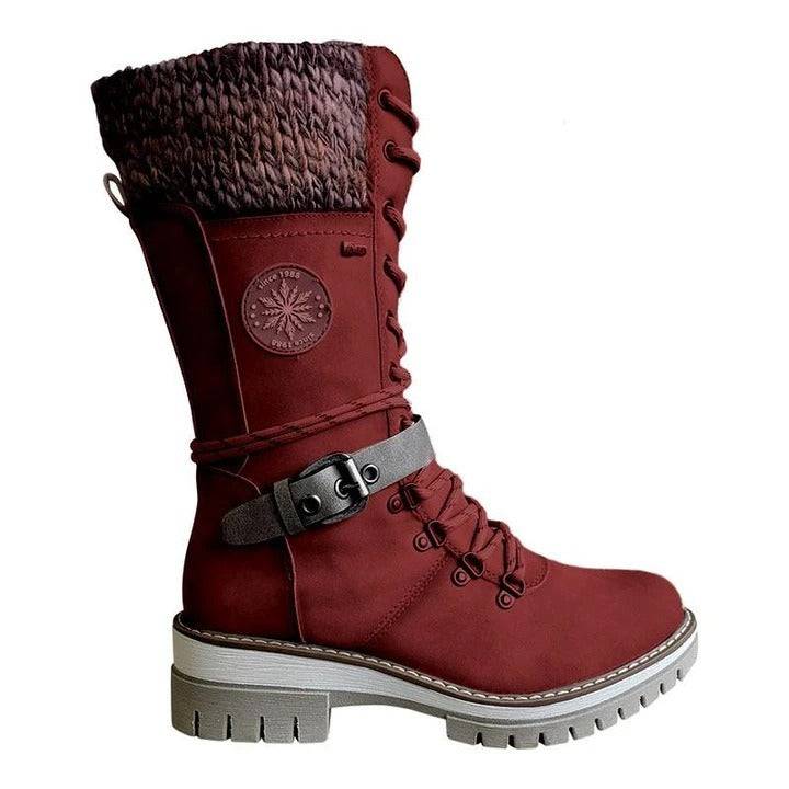 Large-size mid-leg women's boots new winter round head square heel leather buckle wool splicing Martens boots - Hot fashionista