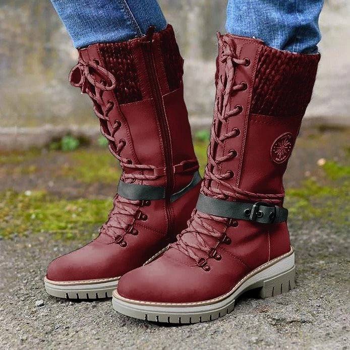 Large-size mid-leg women's boots new winter round head square heel leather buckle wool splicing Martens boots - Hot fashionista