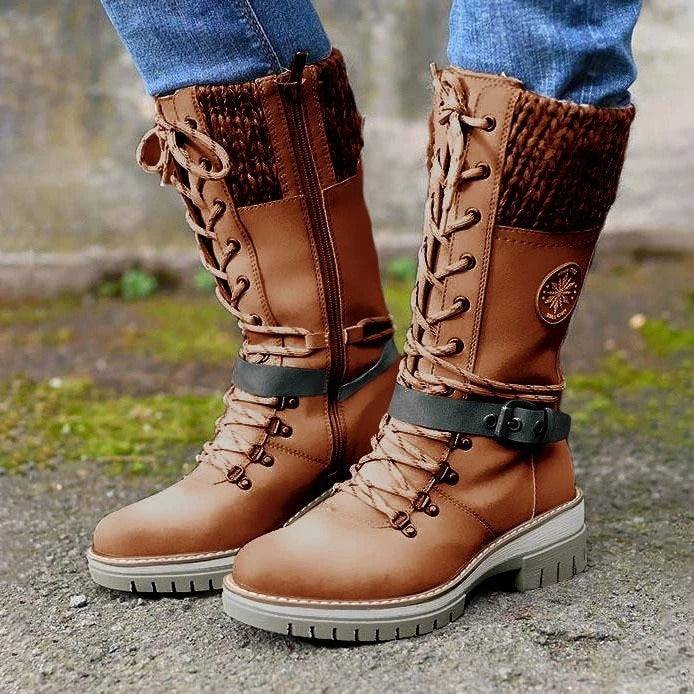 Large-size mid-leg women's boots new winter round head square heel leather buckle wool splicing Martens boots