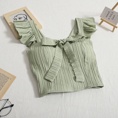 Summer New Sweet Design Sense Short Solid Bow Tank Top with Strap Short Ruffle Top Small Tank Top