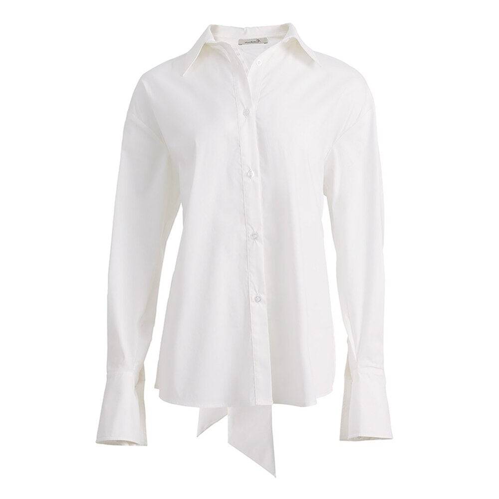 AEL Camisa sin espalda para mujer, blusa informal de manga larga con lazo y cordones de verano blanca, ropa de calle de moda 