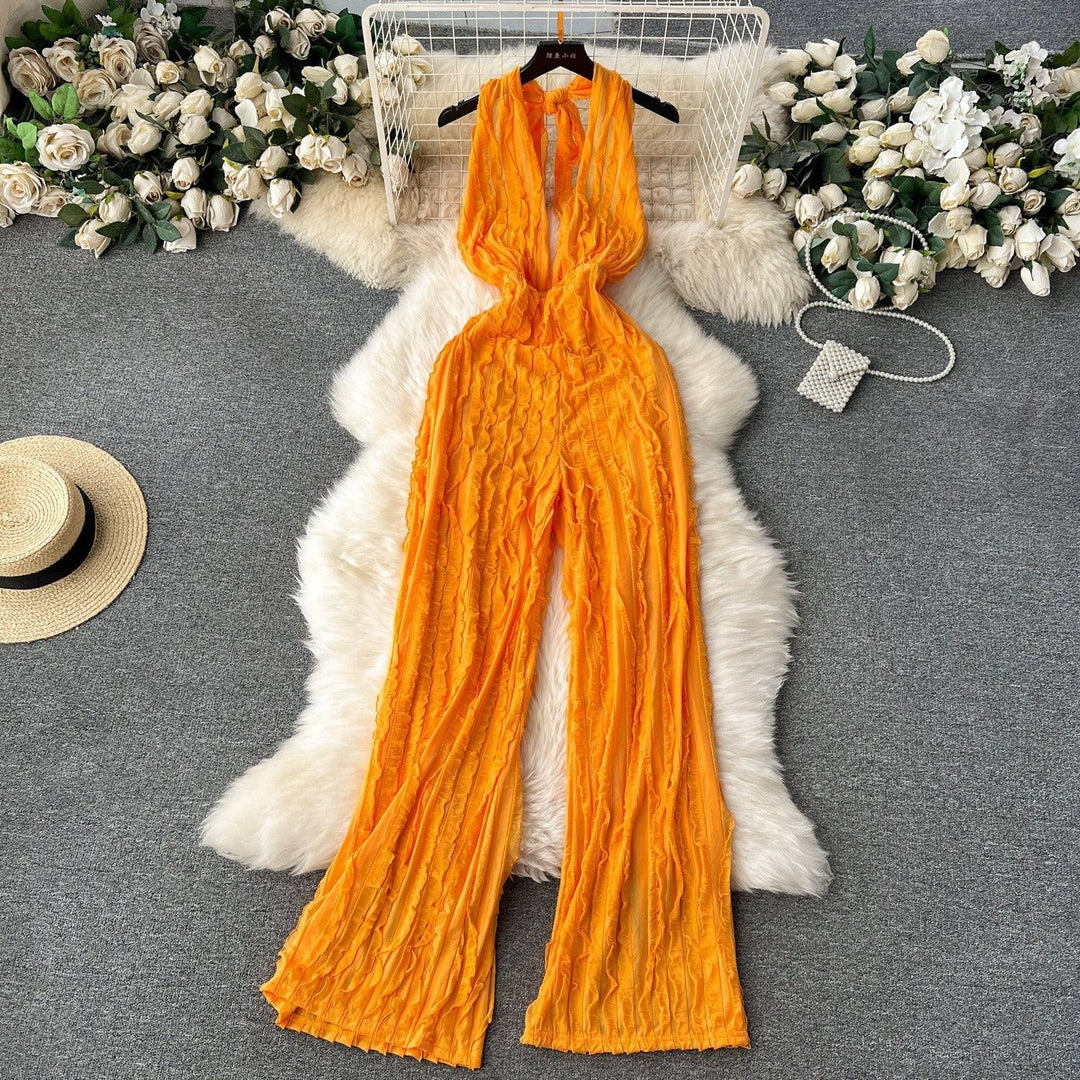 Amanda V-neck open back jumpsuit casual high waisted