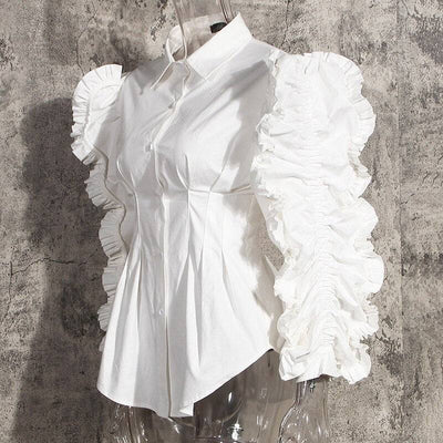 Lapel Long Sleeve Stitching Three-dimensional Ruffles Loose Blouse Shirt Woman Summer New Fashion