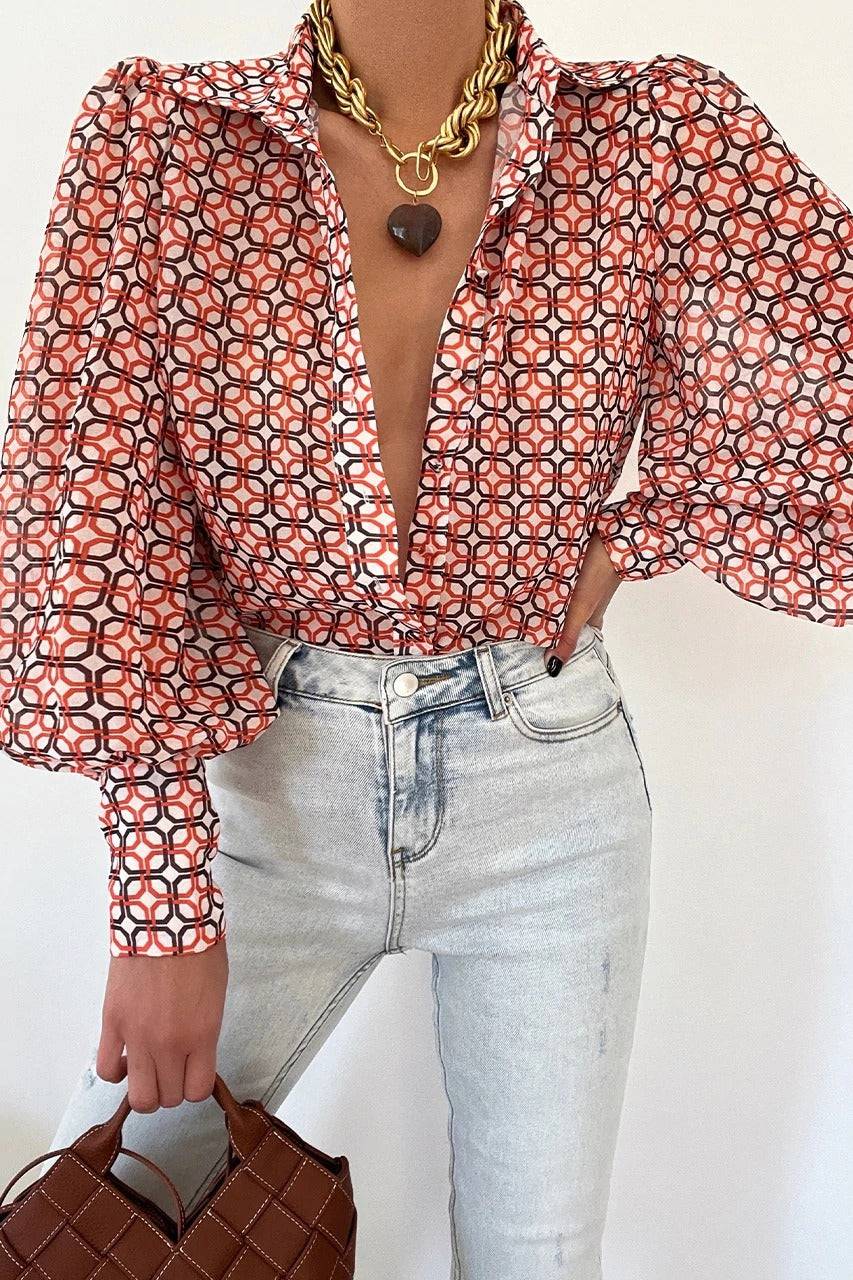 Camisa estampada de manga larga para mujer, cárdigan de un solo pecho de primavera, top informal de temperamento de moda europea y americana