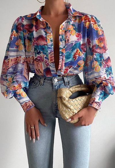 Camisa estampada de manga larga para mujer, cárdigan de un solo pecho de primavera, top informal de temperamento de moda europea y americana