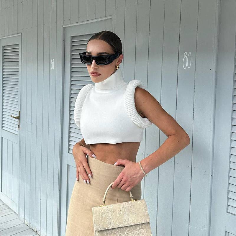 Patchwork Vests Women New Concise Stand Collar Bare Midriff Crop Tanks - Hot fashionista