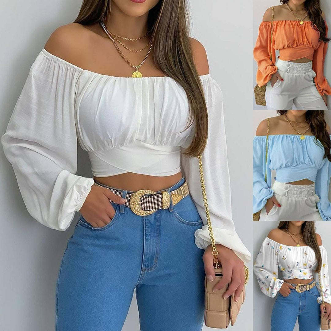 Spring/Summer European and American Women's Wear Women's Off Shoulder Cross Tie Long Sleeve Top - Hot fashionista