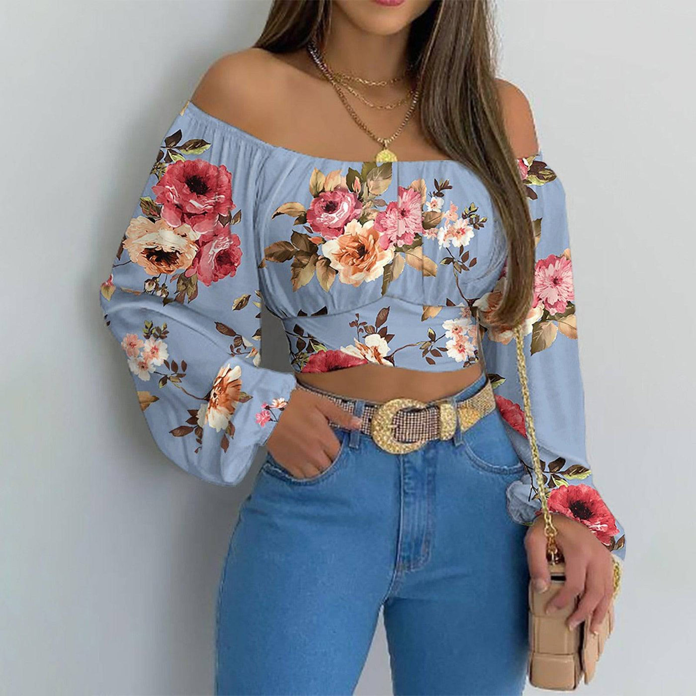 Blusa de manga larga con lazo cruzado y hombros descubiertos para mujer, ropa de mujer europea y americana para primavera/verano