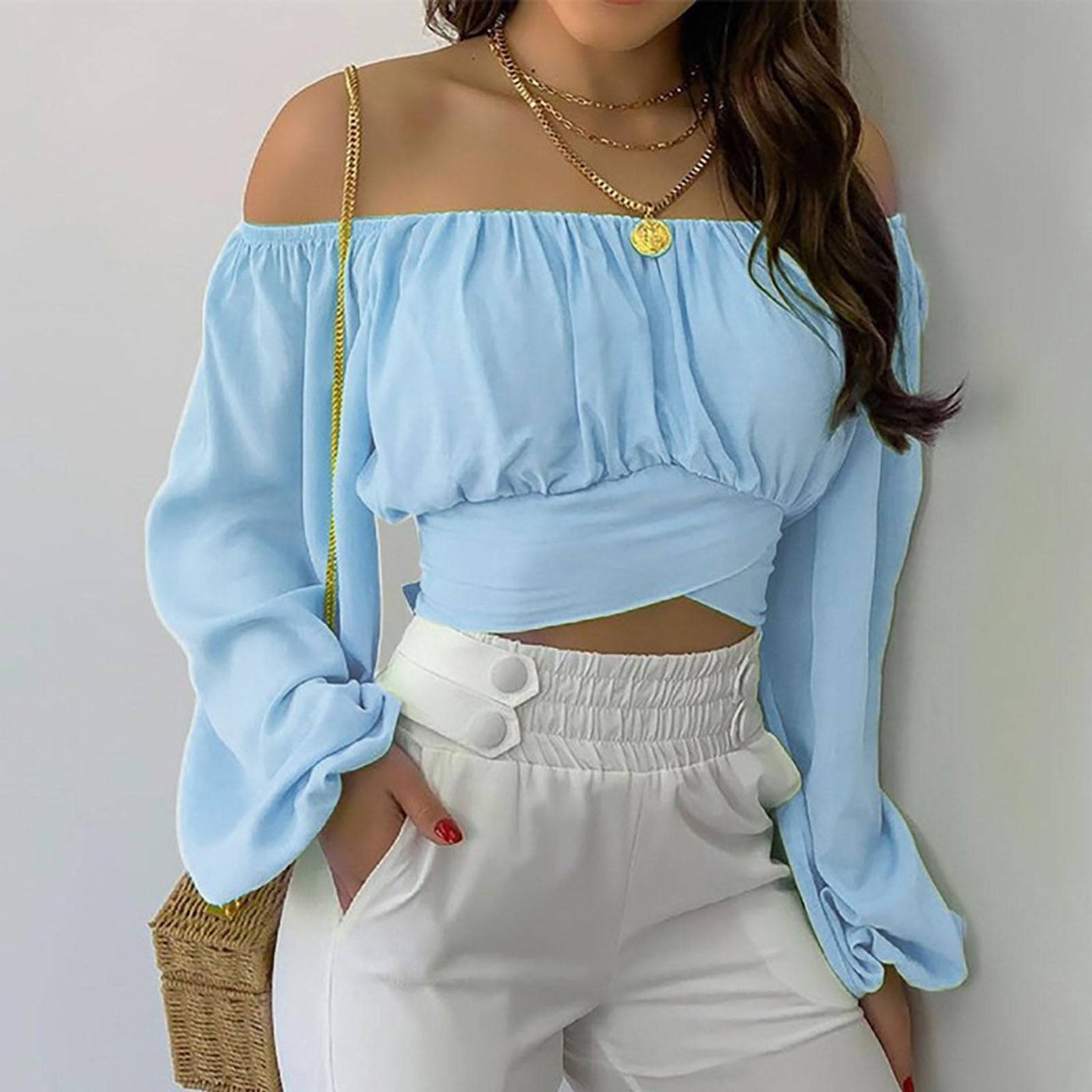 Spring/Summer European and American Women's Wear Women's Off Shoulder Cross Tie Long Sleeve Top