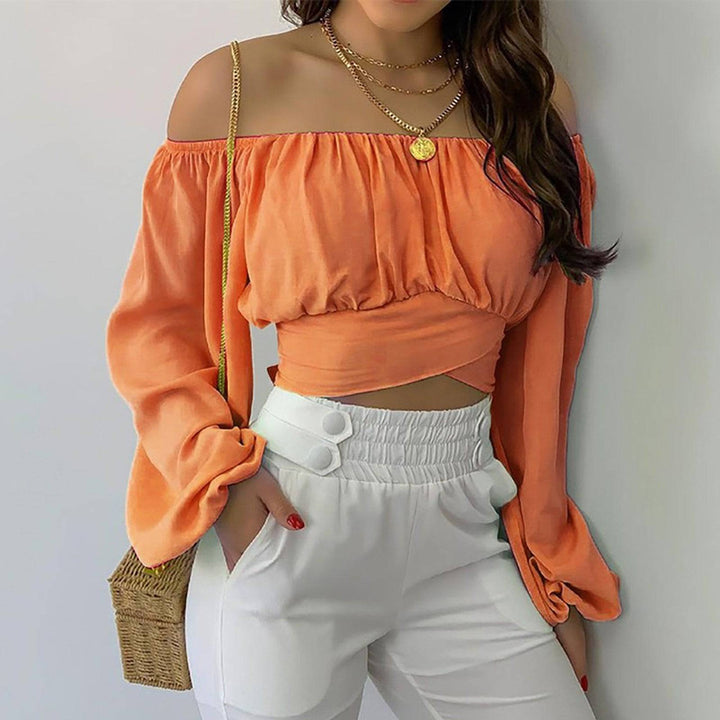 Spring/Summer European and American Women's Wear Women's Off Shoulder Cross Tie Long Sleeve Top - Hot fashionista