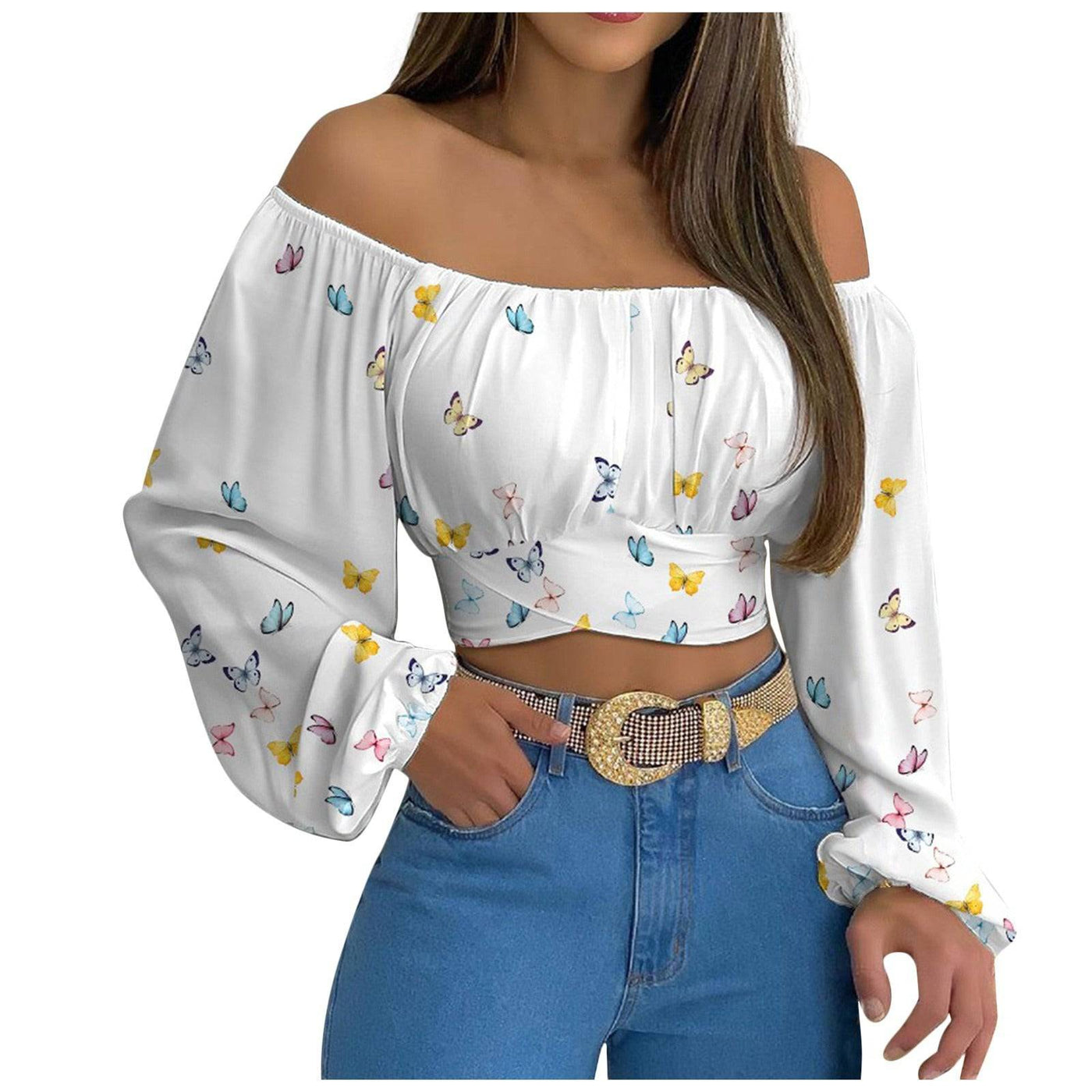 Blusa de manga larga con lazo cruzado y hombros descubiertos para mujer, ropa de mujer europea y americana para primavera/verano