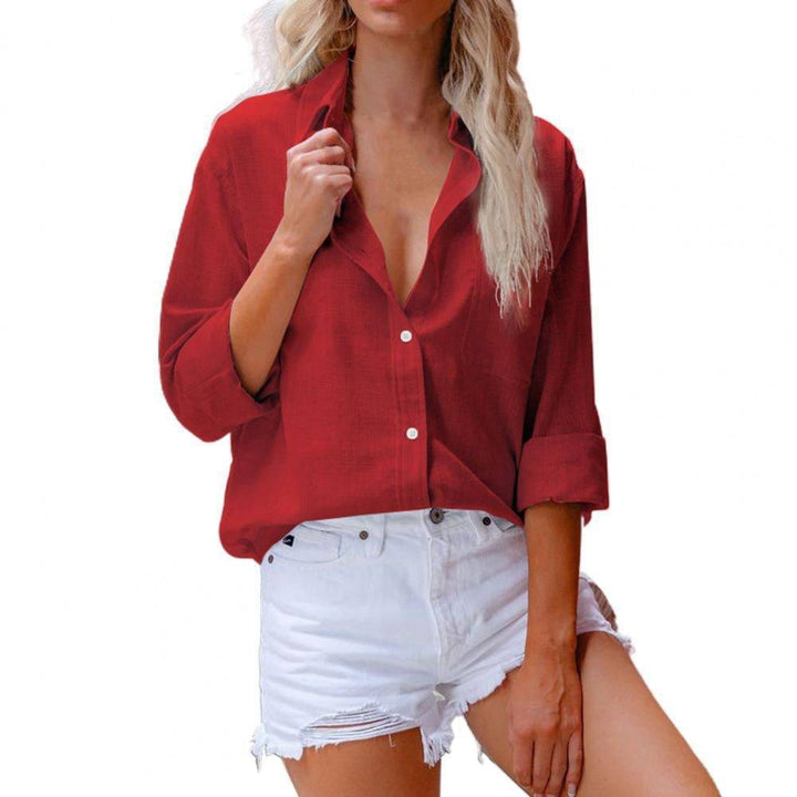 Womens Solid Cotton Linen Long Sleeve Shirt Womens Casual Loose Linen Button Shirt Lapel Top - Hot fashionista