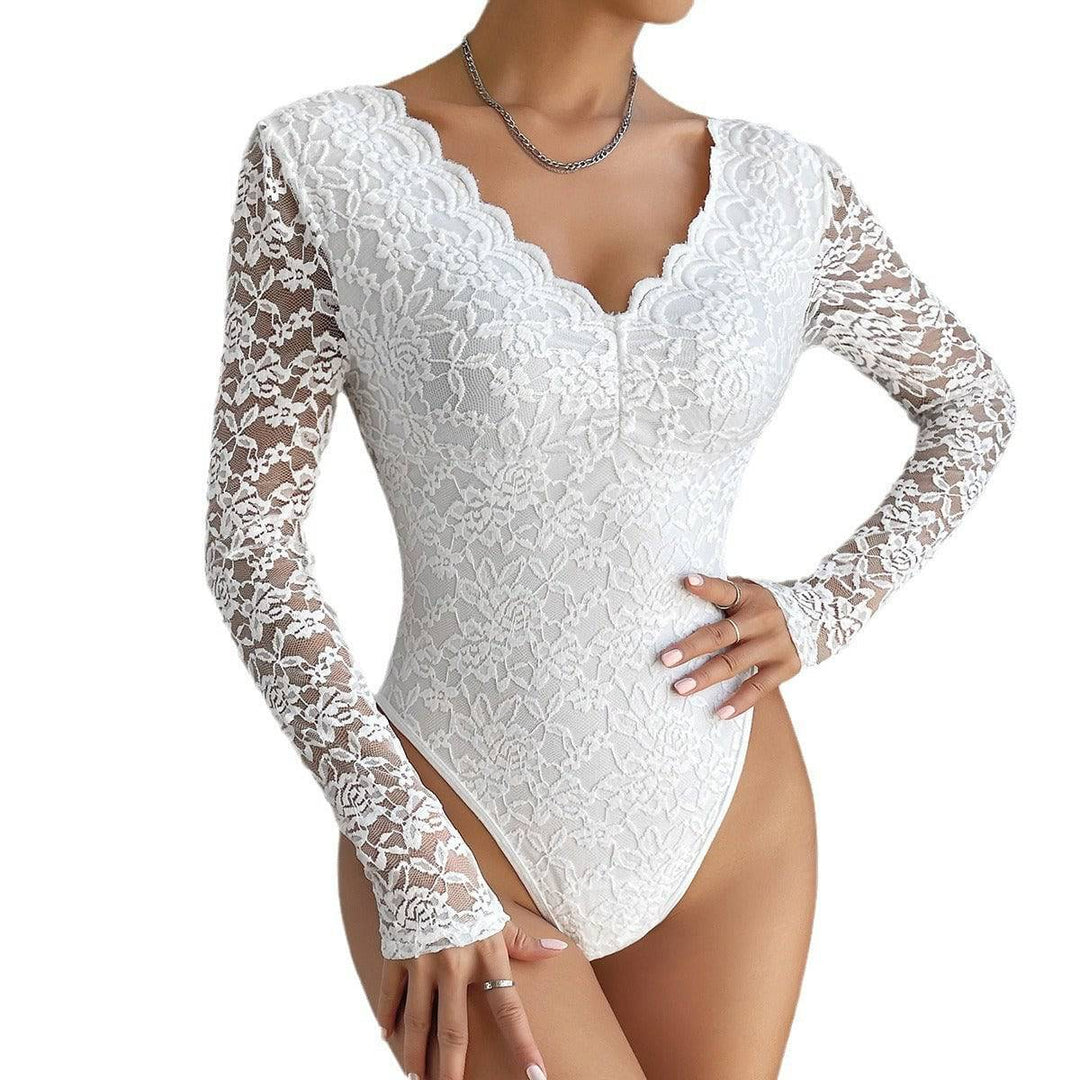 Hot selling sexy solid color lace long sleeved spicy girl perspective slim fit jumpsuit - Hot fashionista