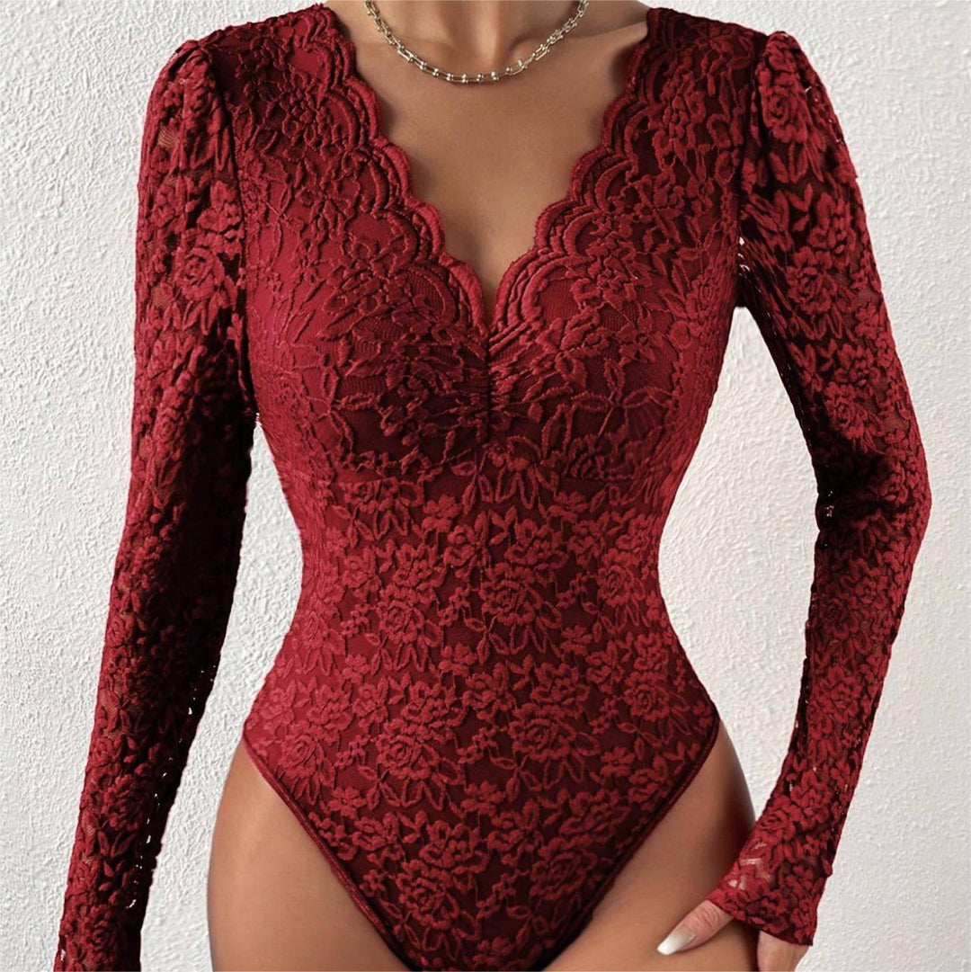 Hot selling sexy solid color lace long sleeved spicy girl perspective slim fit jumpsuit - Hot fashionista