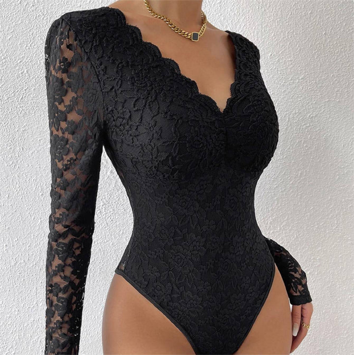 Hot selling sexy solid color lace long sleeved spicy girl perspective slim fit jumpsuit - Hot fashionista