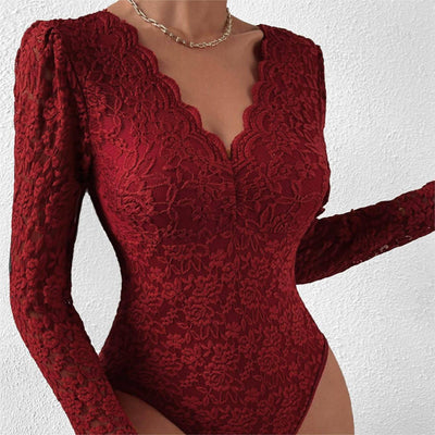 Hot selling sexy solid color lace long sleeved spicy girl perspective slim fit jumpsuit