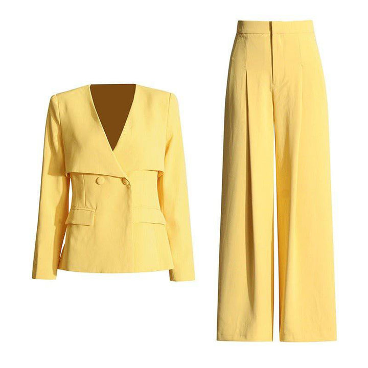 Anna V-neck blazer +high waisted pleated wide leg pants set - Hot fashionista