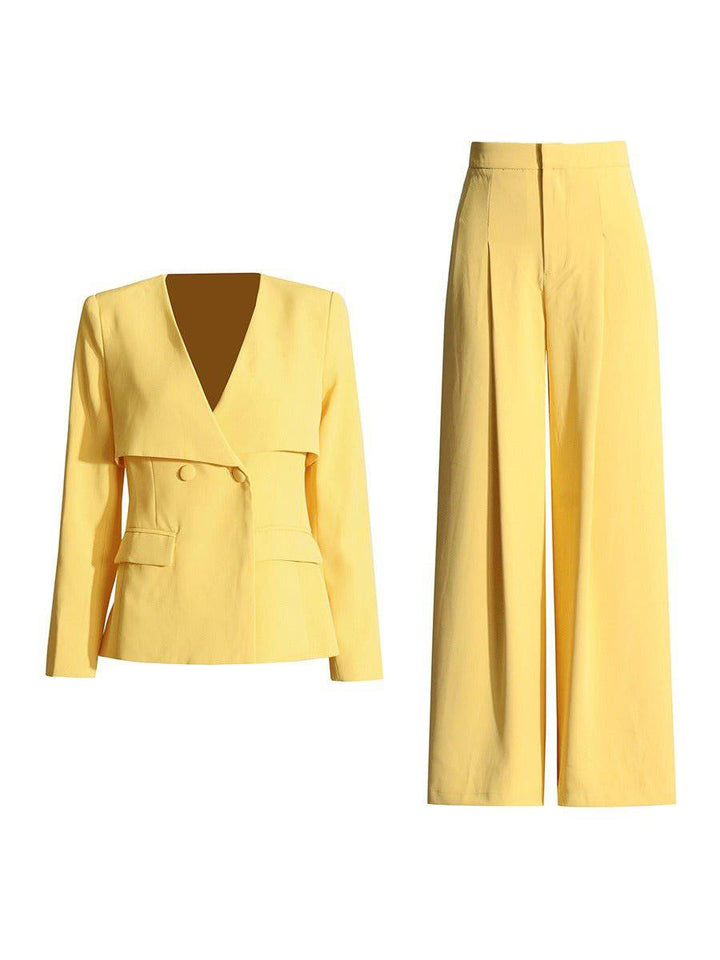 Anna V-neck blazer +high waisted pleated wide leg pants set - Hot fashionista