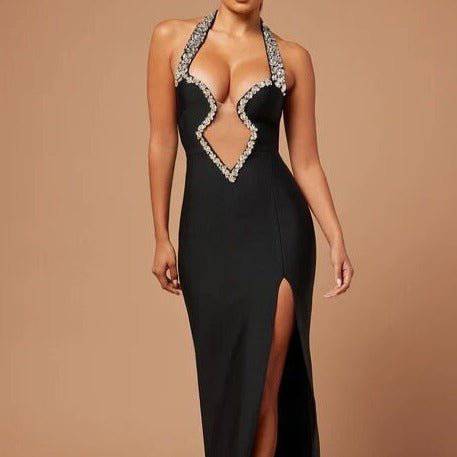 Abigail Open V Halter Crystal Detailed Dress - Hot fashionista