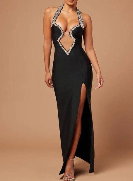 Abigail Open V Halter Crystal Detailed Dress - Hot fashionista