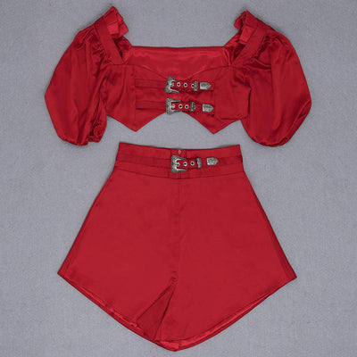 Tyne Puff Sleeve Belted Crop Top & Mini Skirt Set