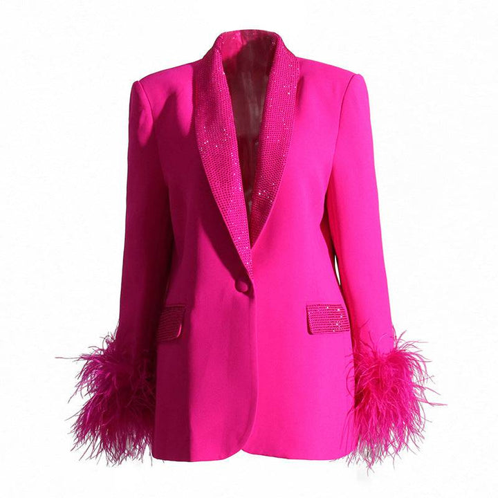 Sara long sleeve feather blazer with diamond collar - Hot fashionista