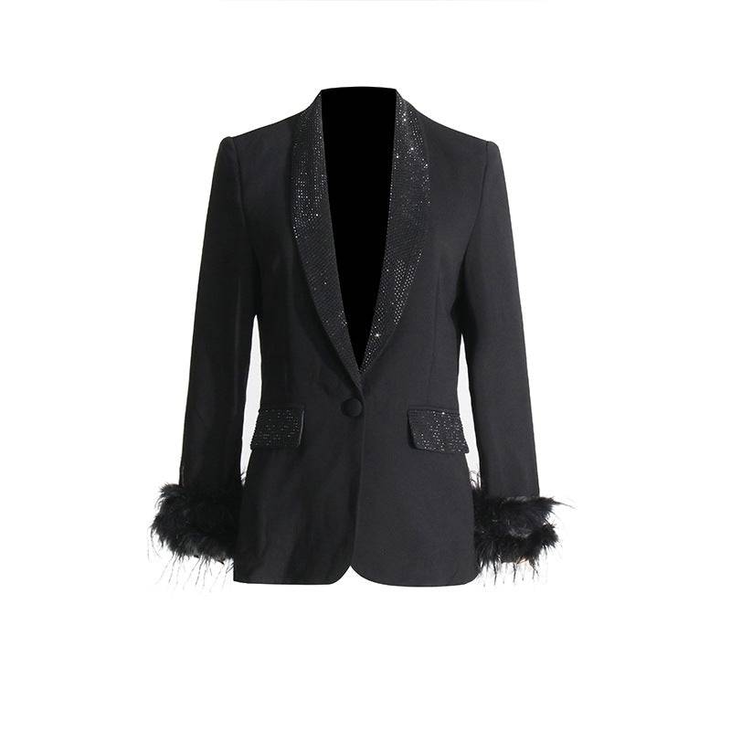 Sara long sleeve feather blazer with diamond collar - Hot fashionista