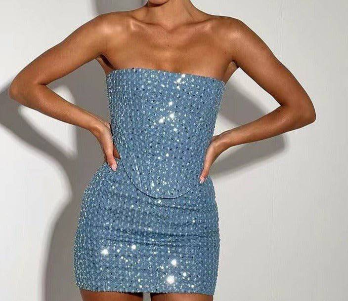 Martha Sequin Zipper Tube Top And Mini Skirt Set - Hot fashionista