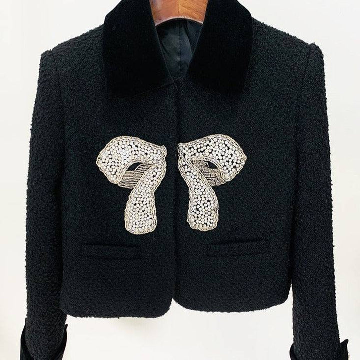 Carlita Velvet Lapel Long Sleeve Diamond Bow Coat - Hot fashionista