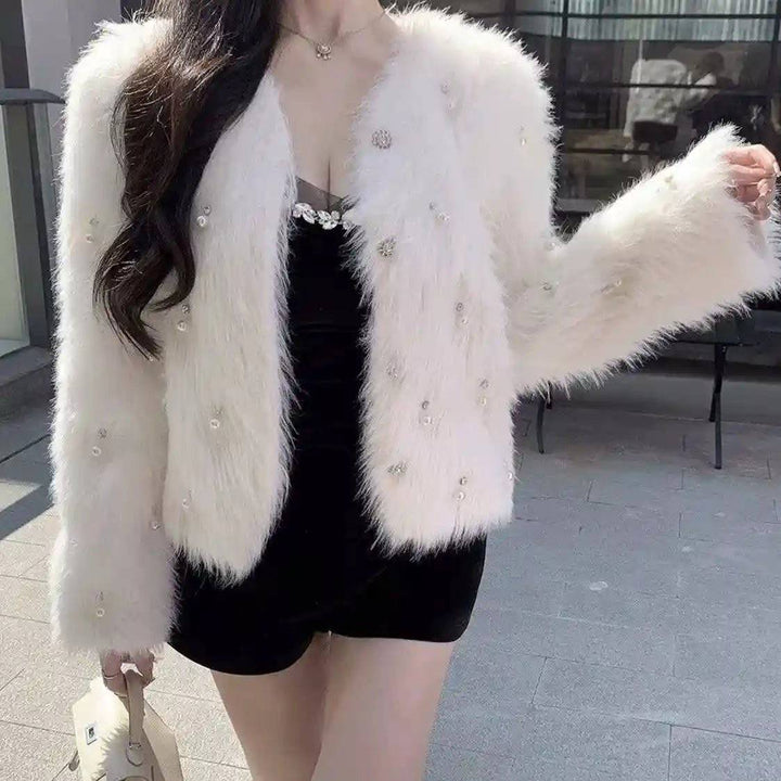 Georgia Long Sleeve Pearl Design Faux Fur Coat - Hot fashionista