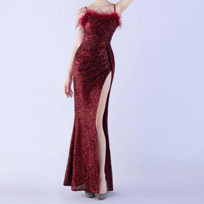 Annabeth Spaghetti Straps Feathered Maxi Dress