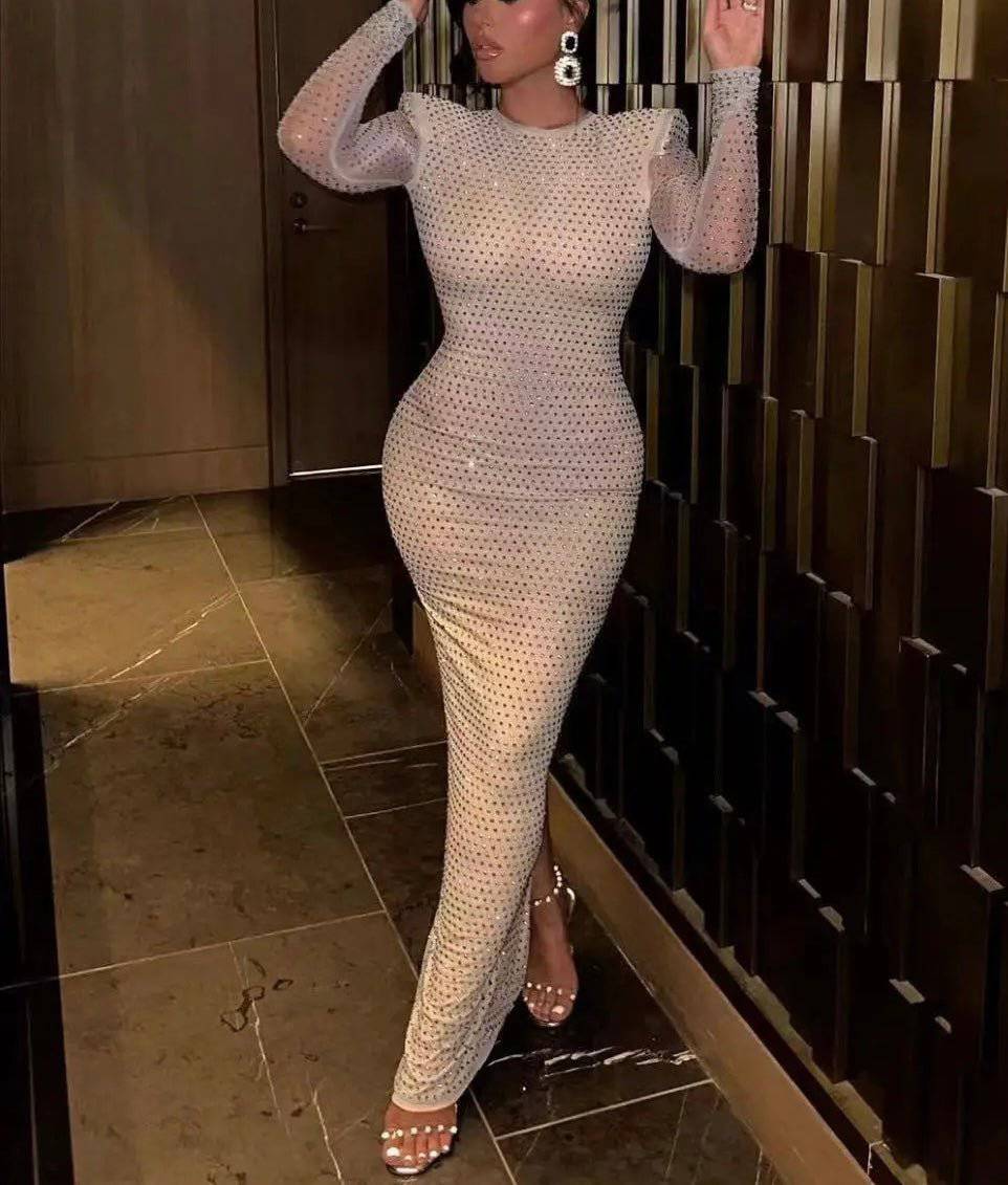 Arabella Diamond Backless Long Sleeve Tight Long Dress - Hot fashionista