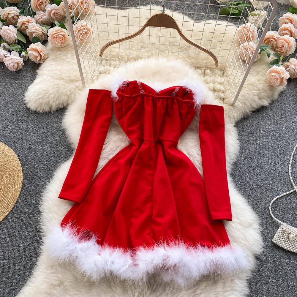 Vestido corto navideño peludo sin tirantes y espalda descubierta de Rowena