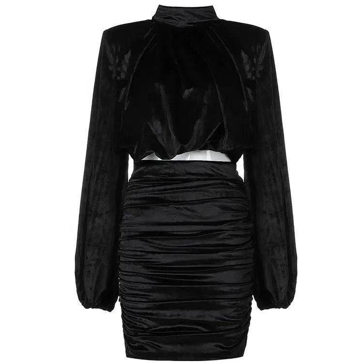 Lydia Long Sleeve High Neck Top & High Waist Ruched Mini Skirt Set - Hot fashionista