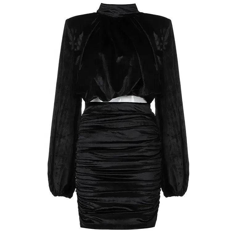 Lydia Long Sleeve High Neck Top & High Waist Ruched Mini Skirt Set