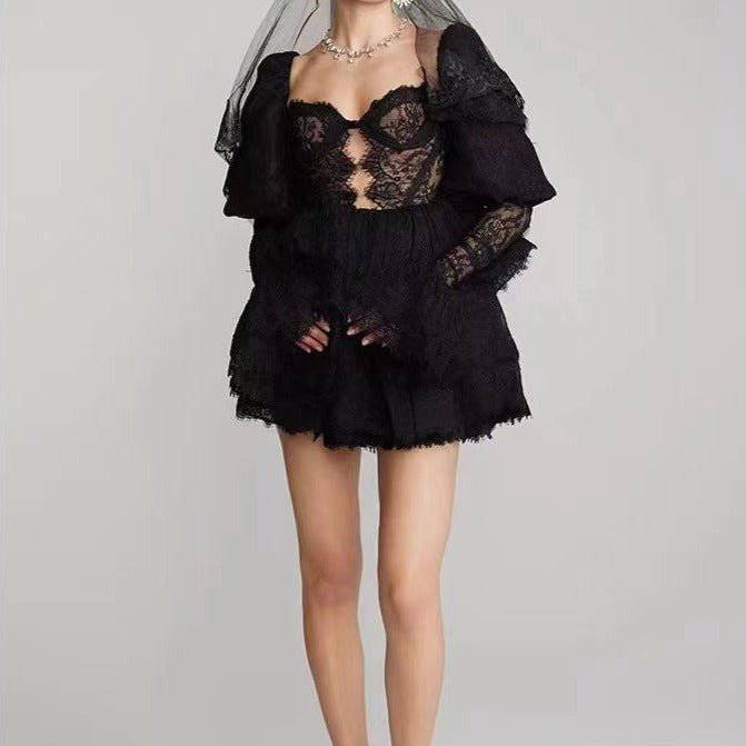 Molly Long Sleeve Lace Corset Ruffle Mini - Hot fashionista