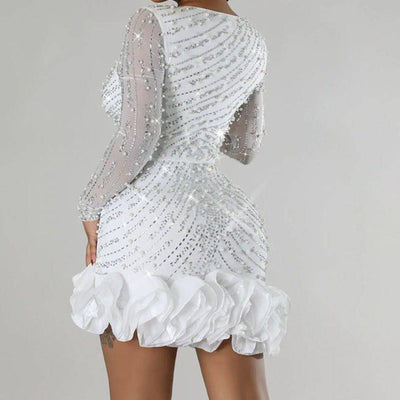 Quinn Long Sleeve Sequined Ruffle Hem Mini Dress