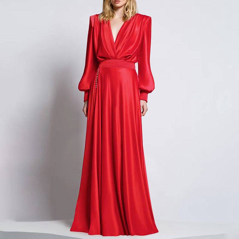 Robe longue en satin à manches bouffantes et col en V Stefani