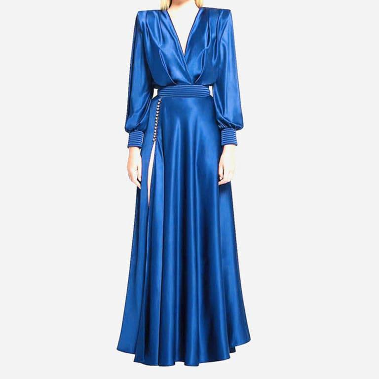 Robe longue en satin à manches bouffantes et col en V Stefani