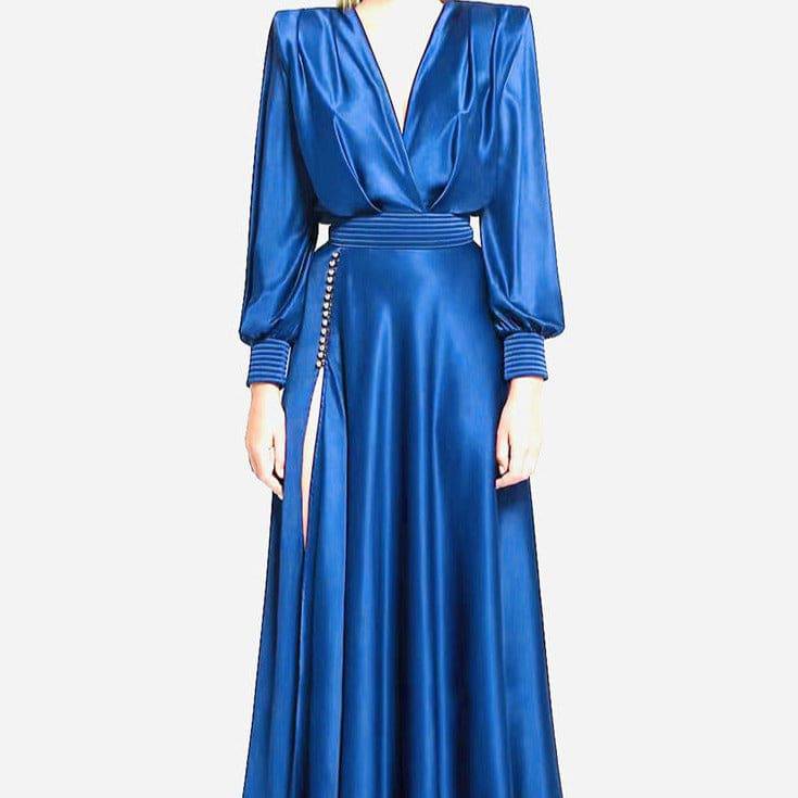 Robe longue en satin à manches bouffantes et col en V Stefani