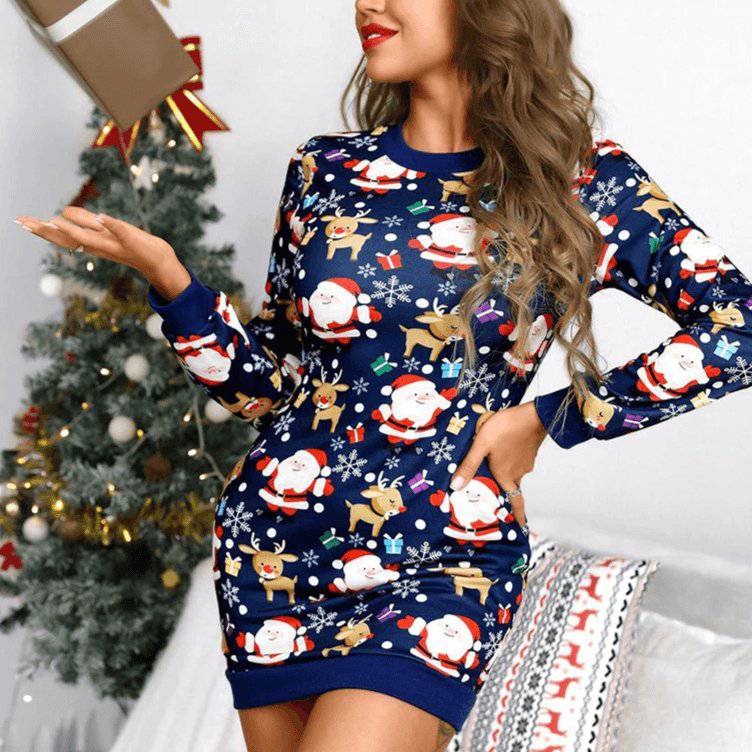 Robe de Noël Imprimée à Col Roulé et Manches Lanternes Perlées