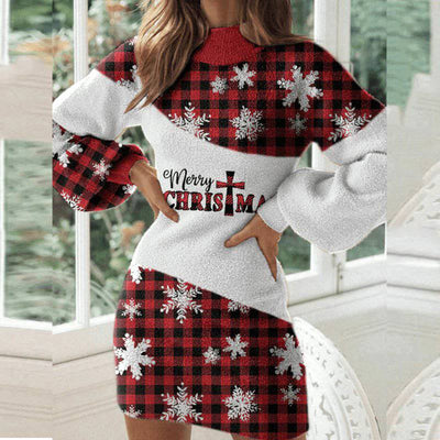 Vestido con cuello alto y mangas abullonadas con perlas y estampado navideño