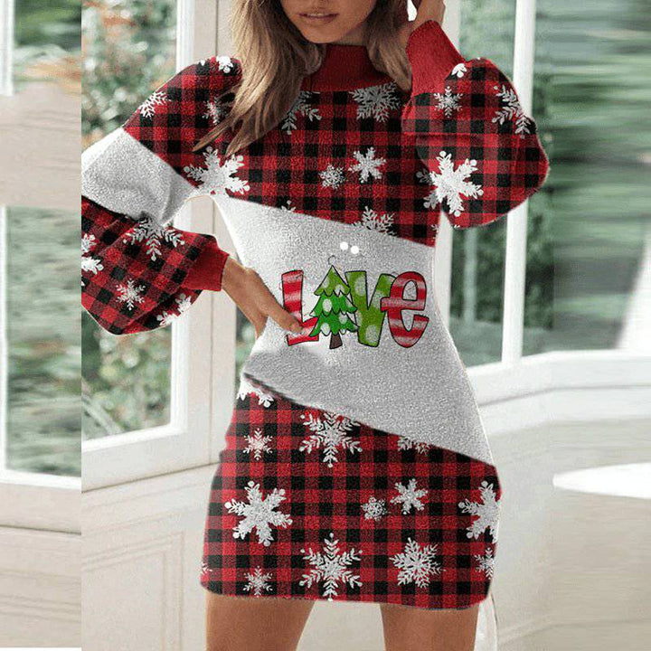 Pearl Lantern Sleeve Turtleneck Christmas Print Dress - Hot fashionista