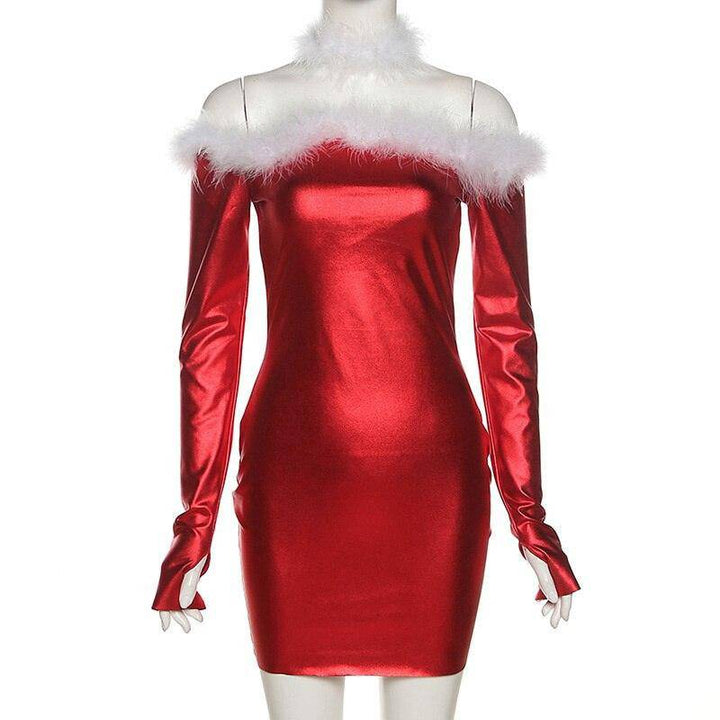 Nikki Solid Faux Fur Off Shoulder Christmas Dress - Hot fashionista